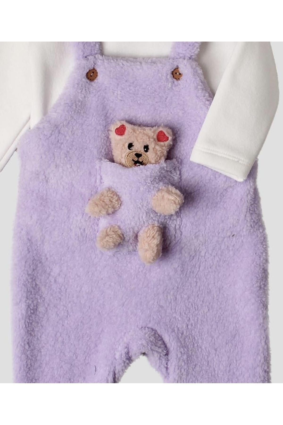 Kışlık tatlı peluş ikili takım kız bebek salopet sweatshirt